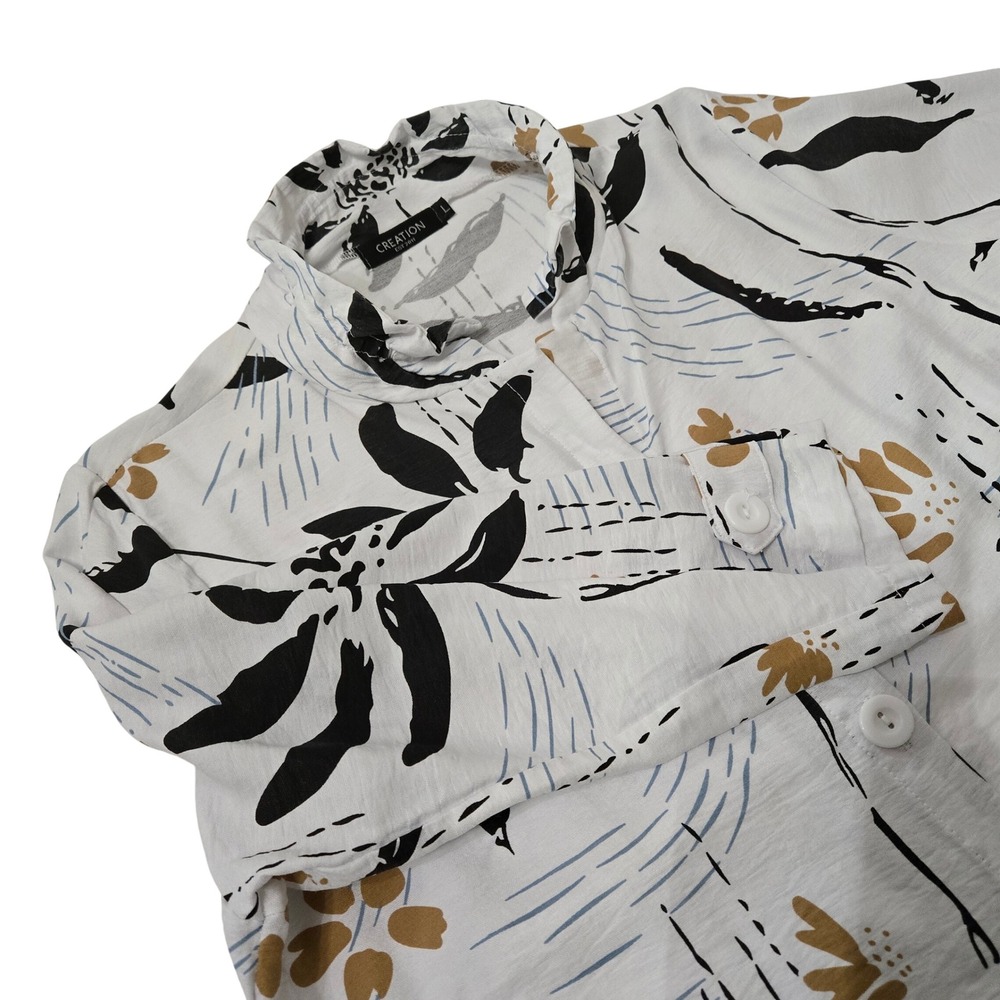 Creation Est 2011 Women White Floral Ruffle Collar Button Up Tunic Top Large